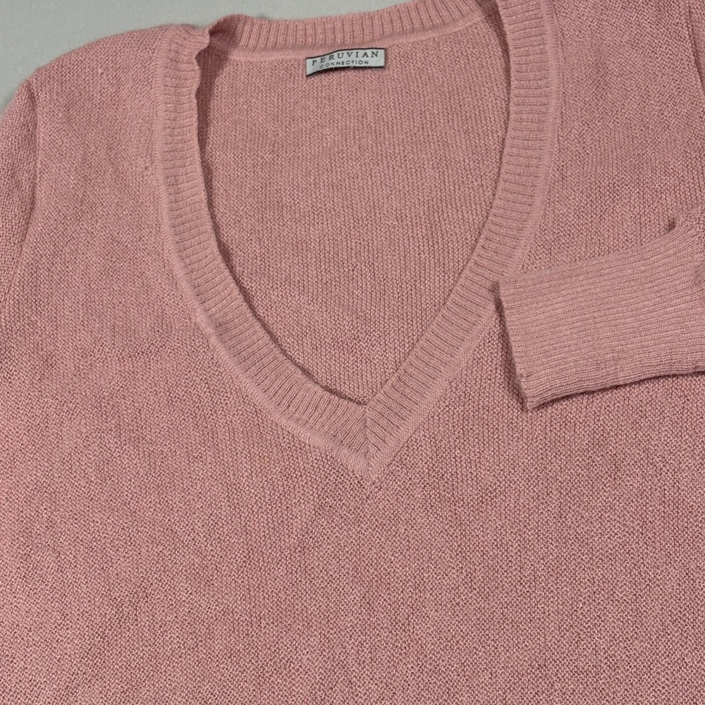 Peruvian Connection Womens 100% Alpaca V Neck Sweater Pink Knit Ribbed Waist